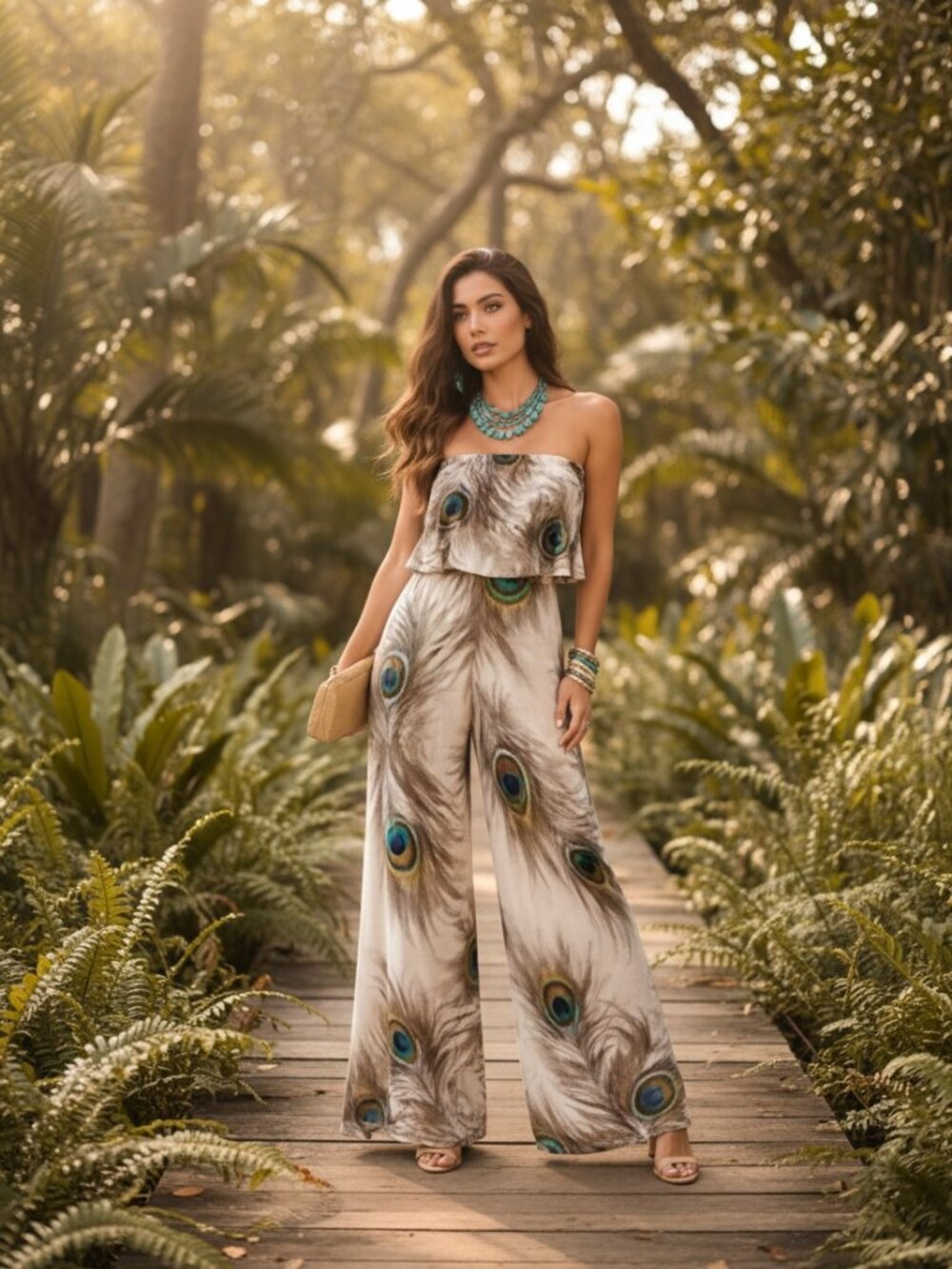 Peacock Feather Print Wide Leg Jumpsuit Medium